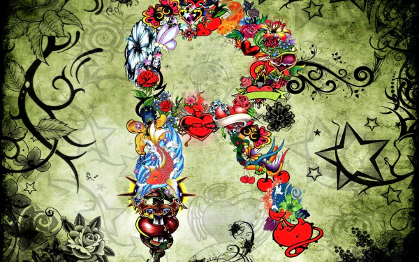 Colorful flower-and-tattoo collage forming a stylized letter S on an artistic green grunge HD PC desktop wallpaper background with black swirls, stars and roses.