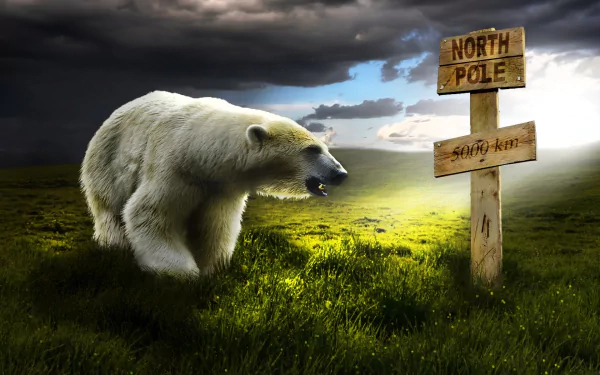A manipulated HD desktop wallpaper featuring a polar bear standing on grass with a wooden signpost pointing to North Pole under a partly cloudy sky.
