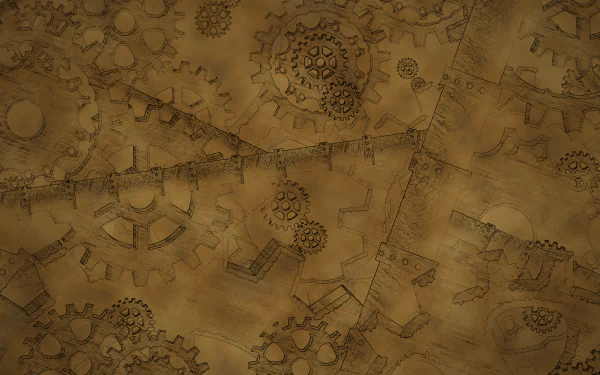 Sepia steampunk sci‑fi blueprint drawing of interlocking gears and mechanical schematics — 4K Ultra HD PC desktop wallpaper/background.