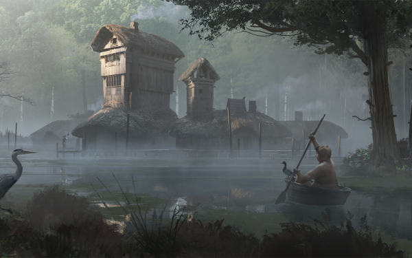 Fantasy Landscape Dark River House Tree Fog Heron HD Wallpaper | Background Image
