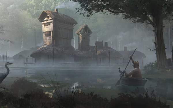 A dark fantasy landscape with a foggy river, heron, and mysterious houses surrounded by trees, creating an eerie yet captivating HD PC desktop wallpaper.
