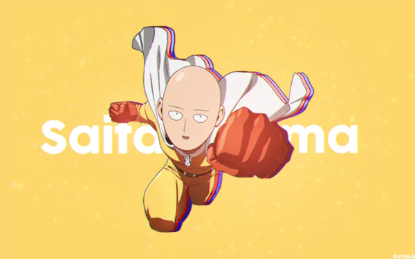 HD desktop wallpaper of Saitama from the anime One-Punch Man, featuring the bald hero in his classic yellow suit and red gloves, against a yellow background with his name in bold white letters.