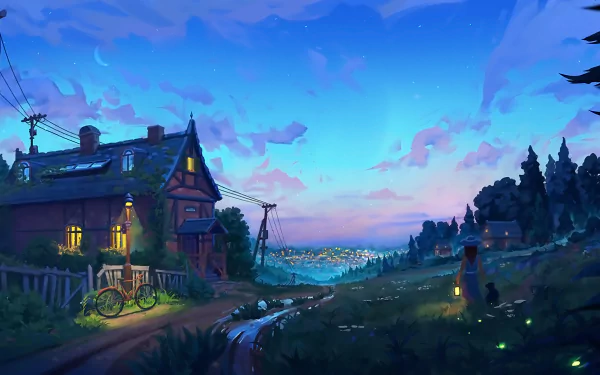 HD anime-style wallpaper featuring an enchanting evening scene with a house, tree, and bike under a starlit sky.