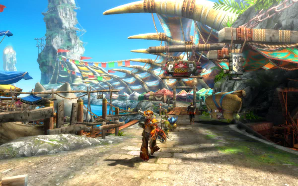 HD wallpaper from Monster Hunter 3 Ultimate featuring a hunter approaching a vibrant village with grand structures in the background.