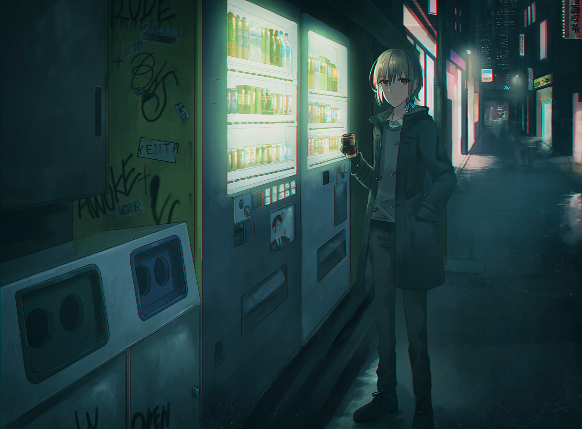 HD desktop wallpaper featuring an original anime character standing by vending machines on a dimly lit street. The scene captures a quiet, moody night setting.