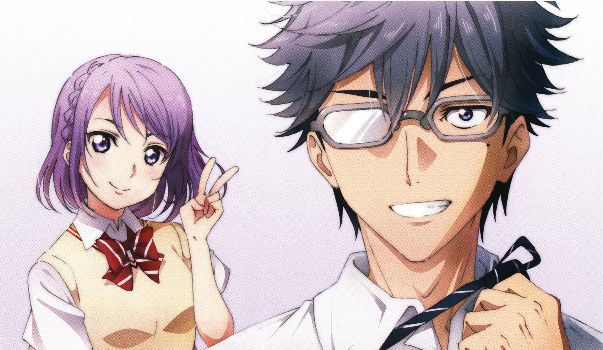 Anime HD wallpaper featuring Ushio Igarashi with glasses and a tie, and Nene Odagiri with purple hair in a school uniform, both smiling and blushing from Yamada-kun and the Seven Witches.