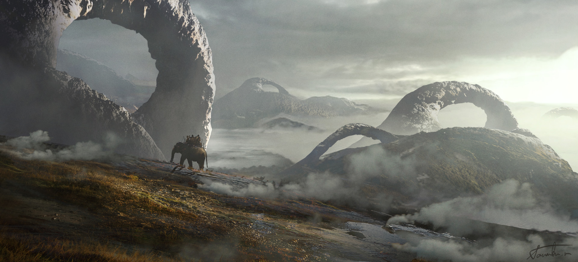 A mystical fantasy landscape with giant stone arches and a lone traveler on horseback, rendered in HD for a striking PC desktop wallpaper.