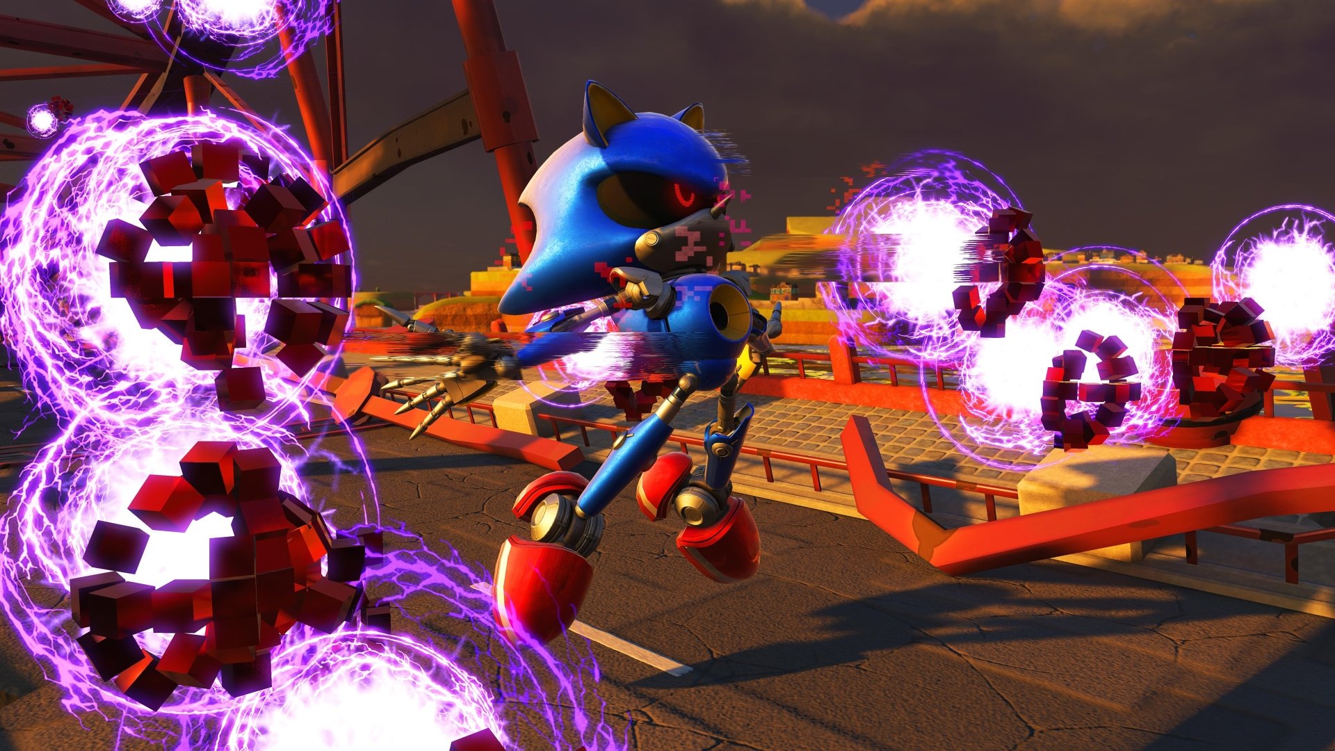 Metal Sonic battles amid glowing purple energy orbs in a dynamic 4K Ultra HD PC wallpaper from the video game Sonic Forces.