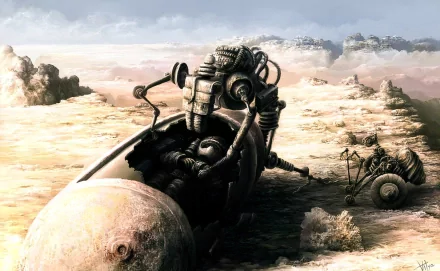 A futuristic robot inspects a spaceship wreck on a desolate landscape, embodying the essence of sci-fi adventure in this stunning HD desktop wallpaper.