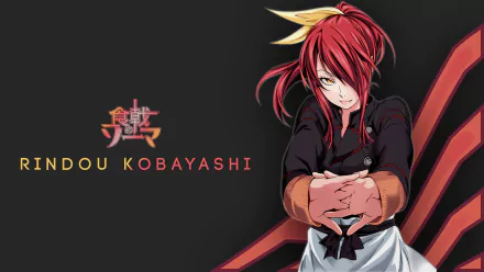 HD desktop wallpaper featuring Rindō Kobayashi from Food Wars: Shokugeki no Soma. The image shows Rindō with a confident pose against a dark background, with her name displayed prominently.