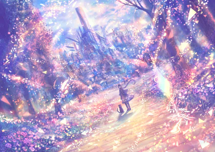 HD anime-style desktop wallpaper featuring a magical, vibrant cityscape with a character surrounded by sparkling lights and colorful flowers.