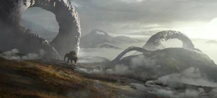 A mystical fantasy landscape with giant stone arches and a lone traveler on horseback, rendered in HD for a striking PC desktop wallpaper.