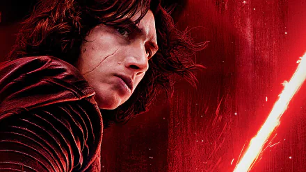 HD desktop wallpaper featuring Adam Driver as Kylo Ren from Star Wars: The Last Jedi, holding a red lightsaber against a red textured background.