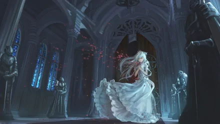 Anime-style original HD desktop wallpaper featuring a white-haired character in a flowing dress, set in a grand, dimly lit cathedral with stained glass windows and statues.