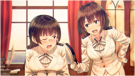 HD PC wallpaper featuring Maya and Choukai from Kantai Collection in an anime style, set indoors with warm lighting and detailed character expressions.