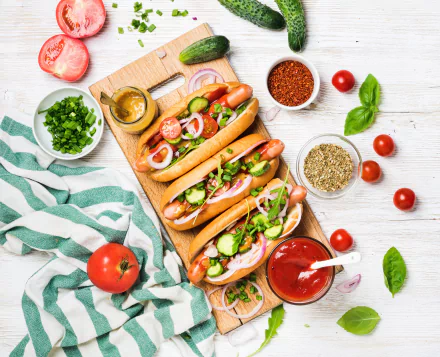 A vibrant 4K Ultra HD still life of three hot dogs topped with fresh vegetables and herbs on a wooden board, surrounded by sauces and spices on a white surface.