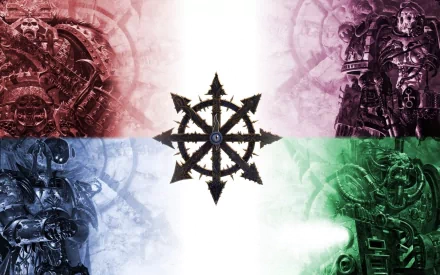 A dynamic HD wallpaper featuring imagery from the Warhammer video game, showcasing a central chaos star surrounded by vivid colors and iconic characters.