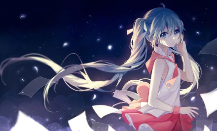HD anime wallpaper featuring Hatsune Miku, the iconic Vocaloid, with flowing turquoise hair and a serene expression against a starry, night sky background.