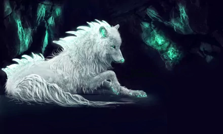 HD fantasy wallpaper featuring a majestic white wolf with glowing accents, resting in a mysterious cave illuminated by ethereal green lights.