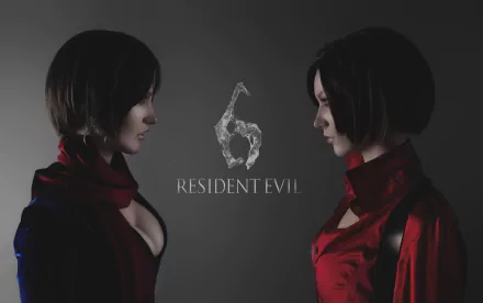 HD desktop wallpaper featuring a woman cosplaying Ada Wong from Resident Evil 6, shown in two poses facing each other against a dark background.