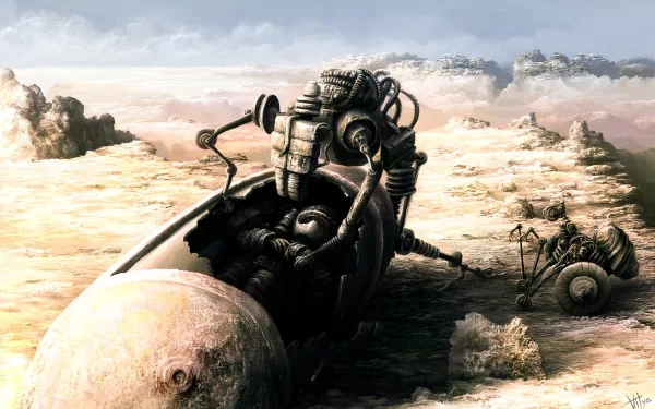 A futuristic robot inspects a spaceship wreck on a desolate landscape, embodying the essence of sci-fi adventure in this stunning HD desktop wallpaper.
