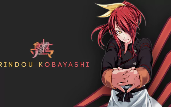HD desktop wallpaper featuring Rindō Kobayashi from Food Wars: Shokugeki no Soma. The image shows Rindō with a confident pose against a dark background, with her name displayed prominently.