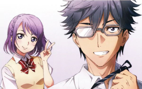Anime HD wallpaper featuring Ushio Igarashi with glasses and a tie, and Nene Odagiri with purple hair in a school uniform, both smiling and blushing from Yamada-kun and the Seven Witches.