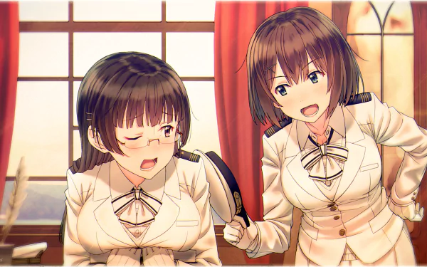 HD PC wallpaper featuring Maya and Choukai from Kantai Collection in an anime style, set indoors with warm lighting and detailed character expressions.