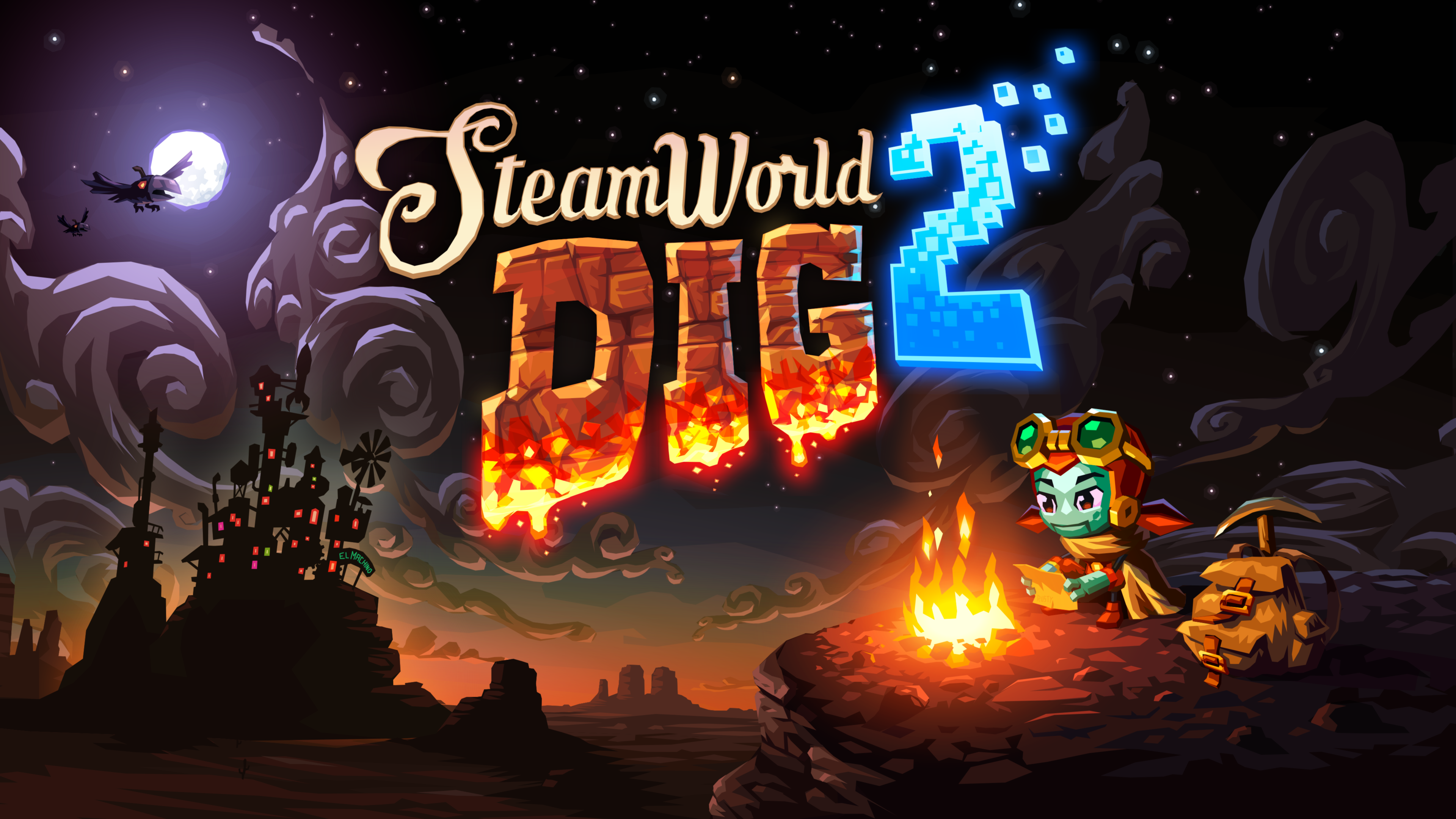 HD desktop wallpaper of SteamWorld Dig 2 featuring the character Rusty by a campfire set against a night landscape with the game's logo above.