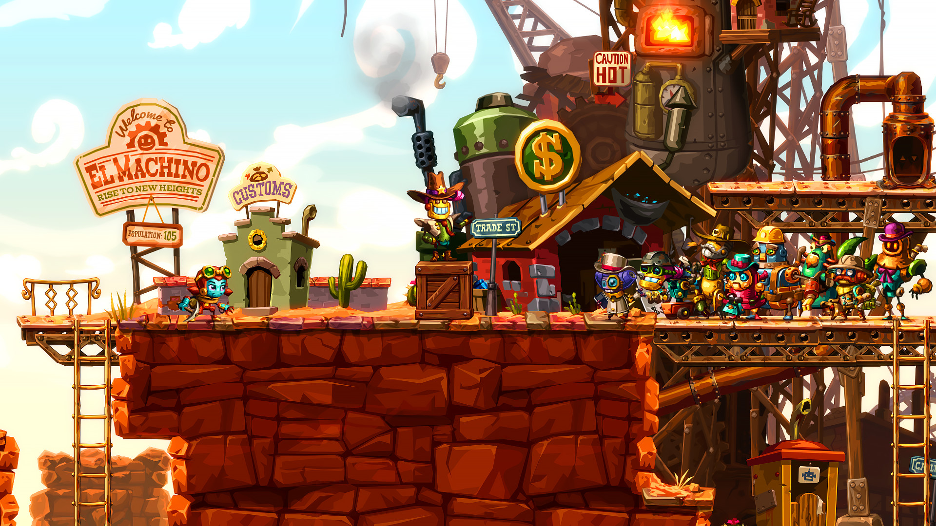 HD desktop wallpaper of SteamWorld Dig 2 featuring vibrant artwork of the game's western mining town environment and robotic characters.