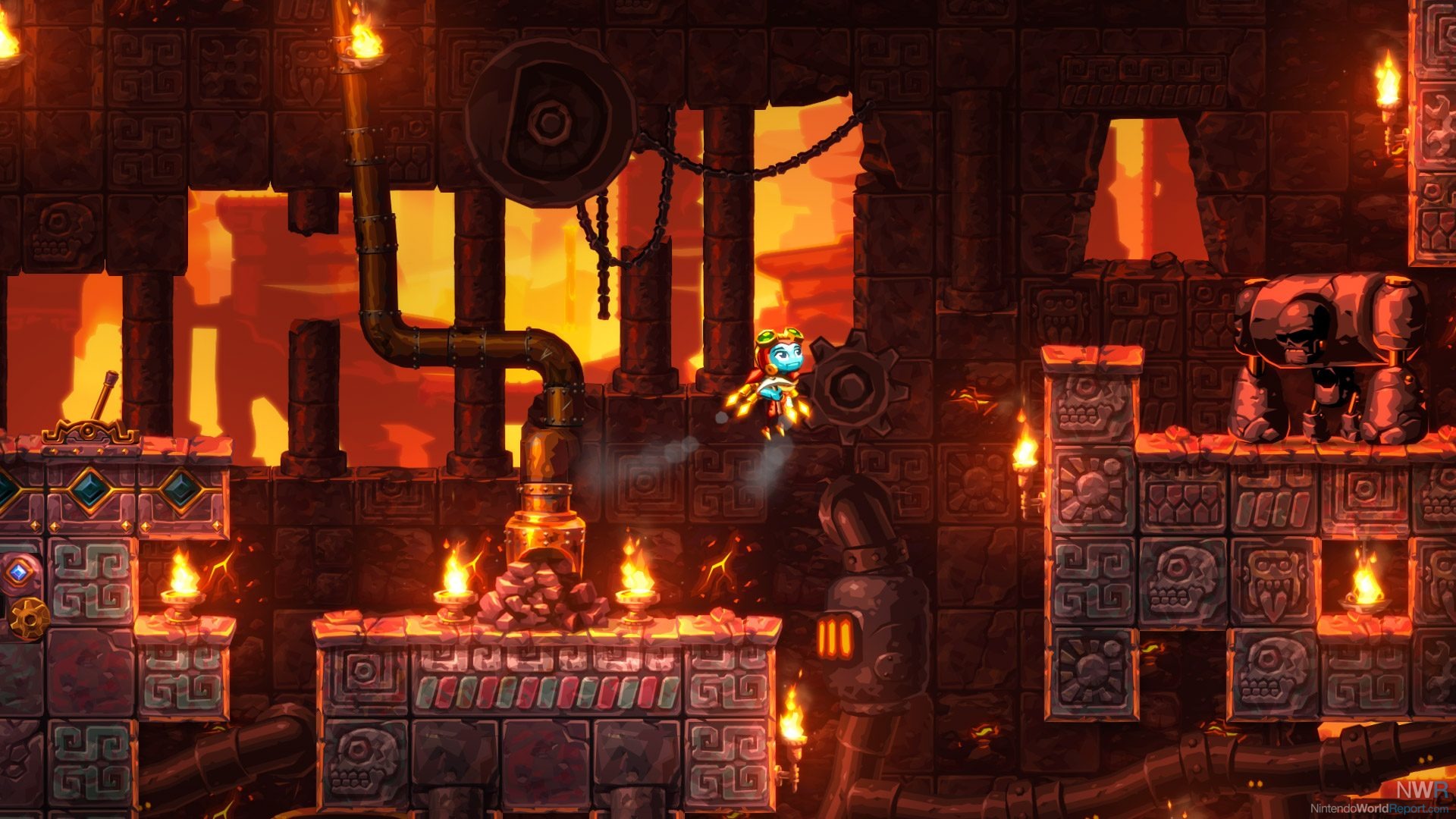 HD desktop wallpaper of SteamWorld Dig 2, featuring a robot character navigating through fiery underground ruins.