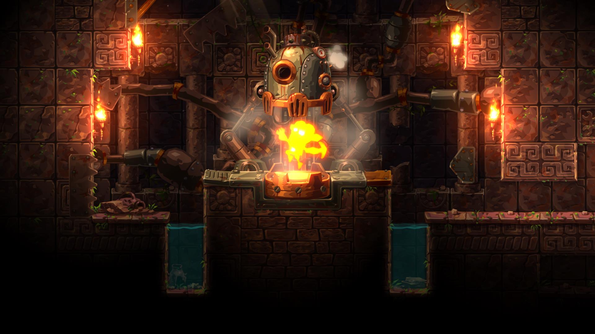 HD desktop wallpaper of a scene from SteamWorld Dig 2, featuring an intricate machine in a dimly lit underground setting.