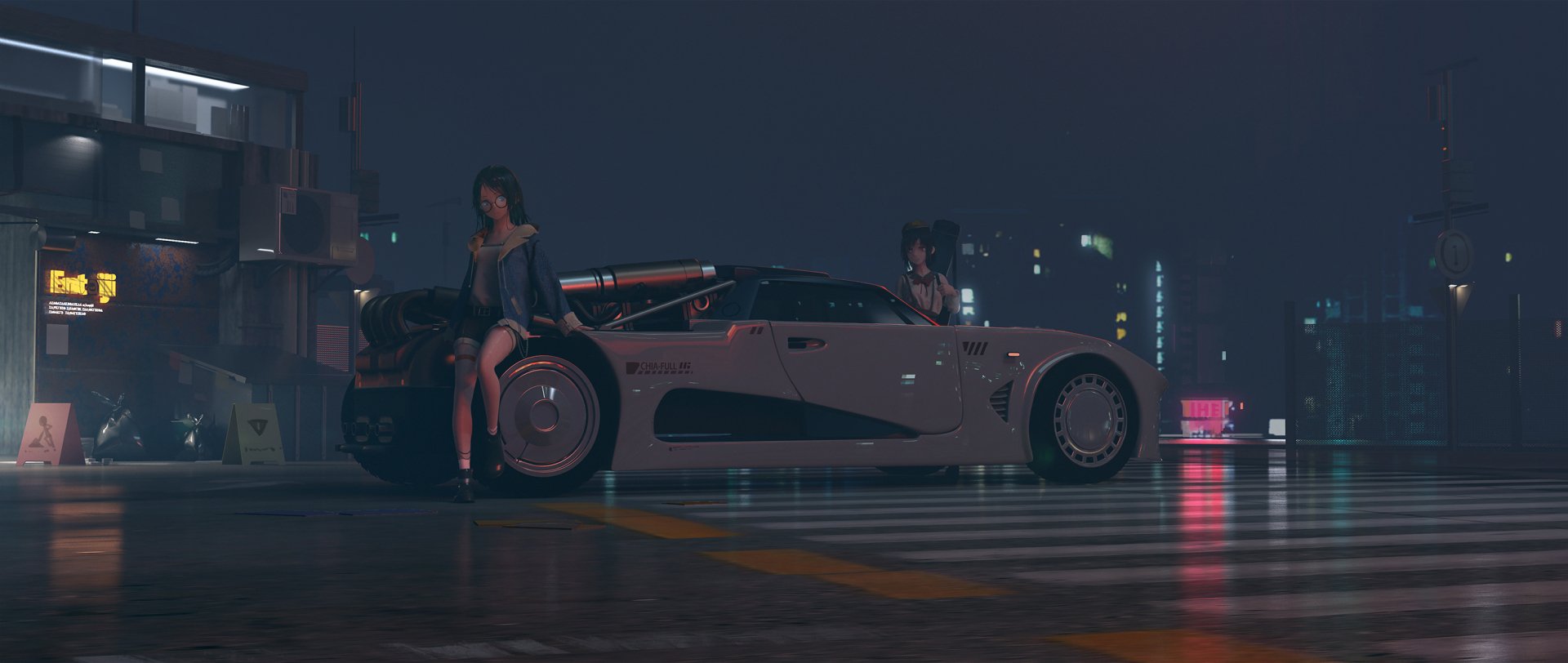 HD anime-style desktop wallpaper featuring an original car design with two characters beside it in a nighttime urban setting.