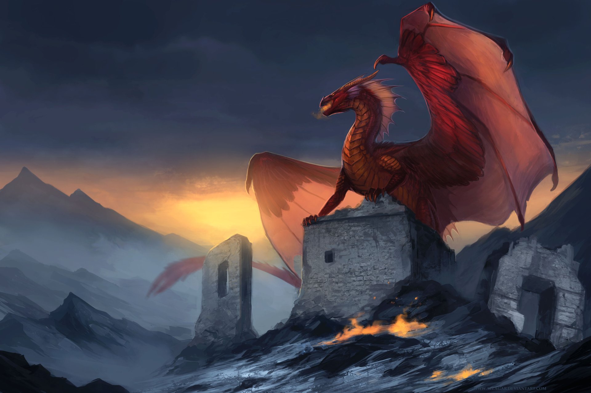 A majestic dragon perched on ancient ruins atop a mountain at sunrise, casting a fiery glow in this HD fantasy desktop wallpaper background.