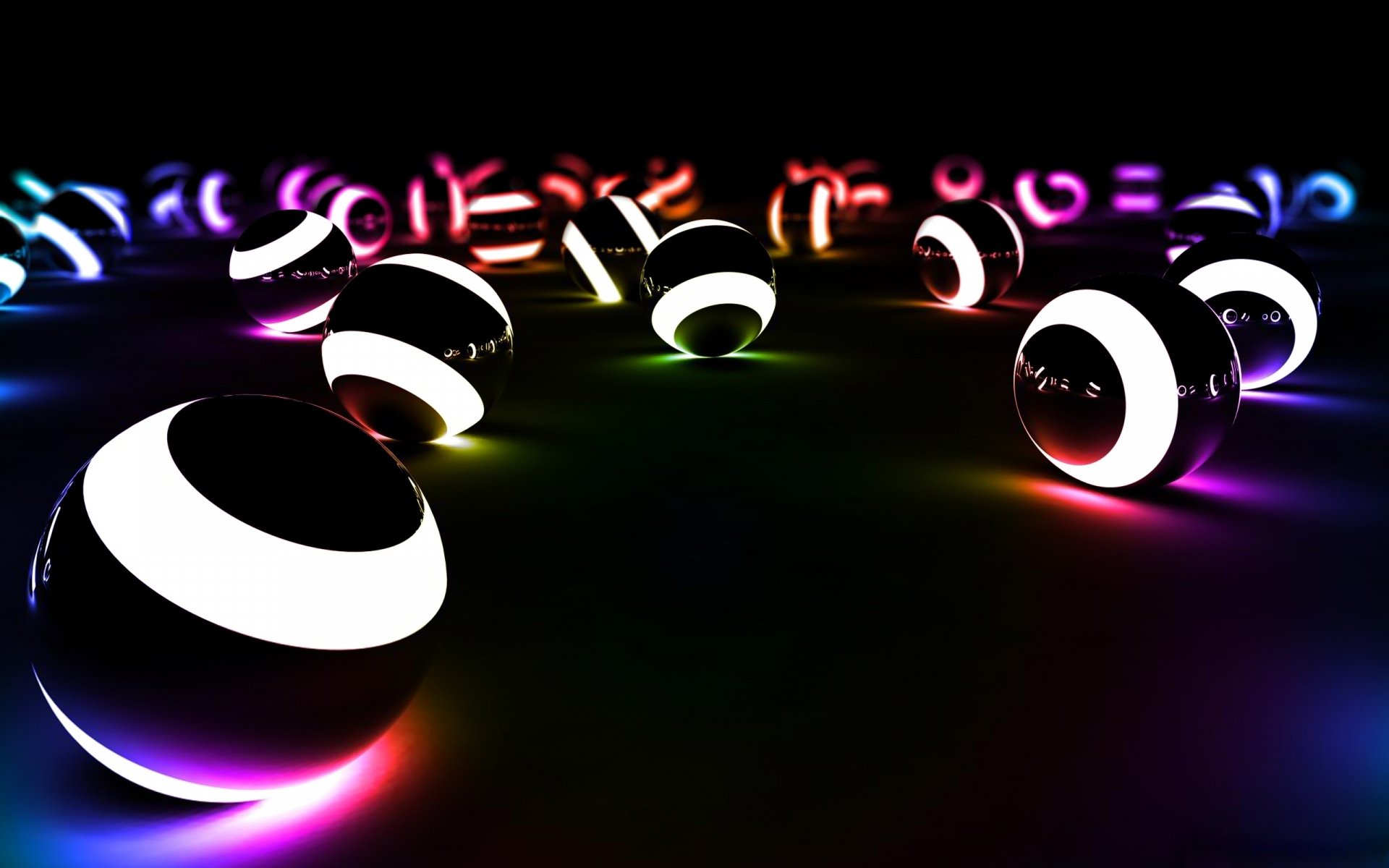 CGI 3D abstract artwork featuring glowing black and white spheres with colorful reflections on a dark background, designed as an HD PC desktop wallpaper.