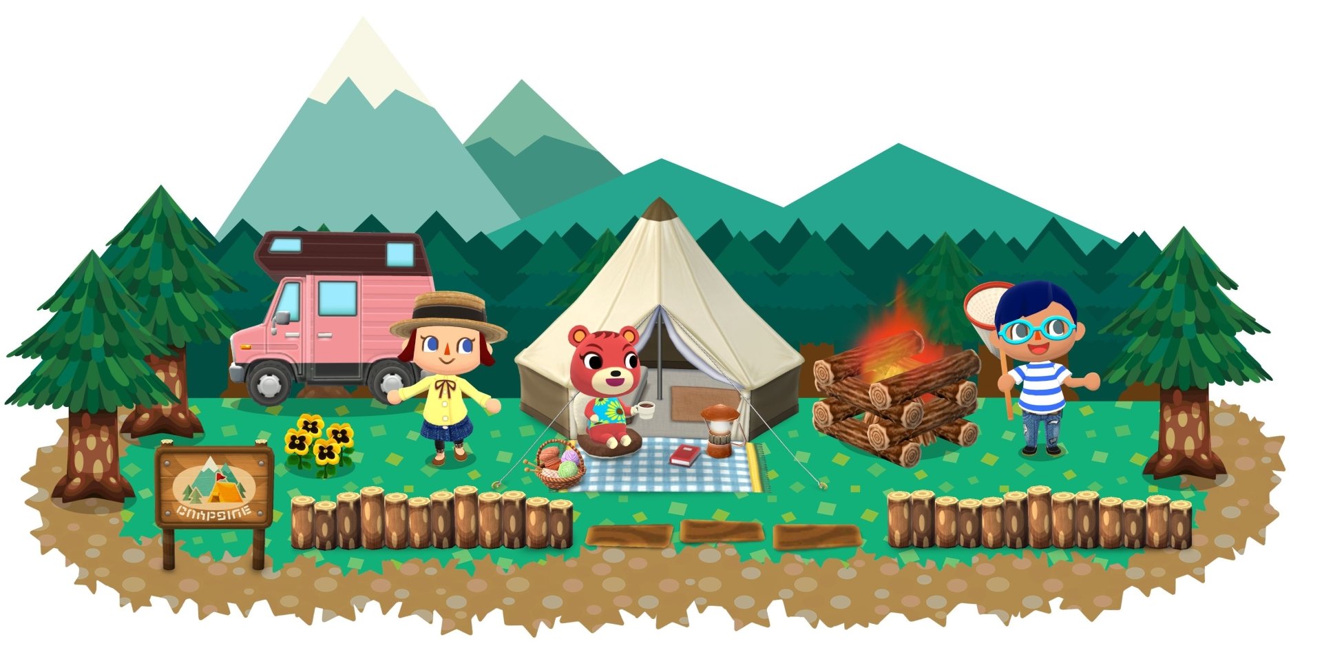 HD desktop wallpaper featuring characters and a campsite from Animal Crossing: Pocket Camp with mountains in the background.