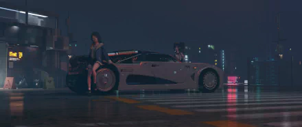 HD anime-style desktop wallpaper featuring an original car design with two characters beside it in a nighttime urban setting.