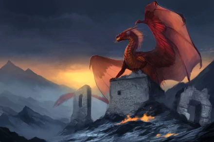 A majestic dragon perched on ancient ruins atop a mountain at sunrise, casting a fiery glow in this HD fantasy desktop wallpaper background.