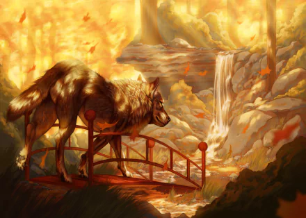 A majestic wolf stands on a red wooden bridge over a stream with a waterfall, surrounded by vivid fall foliage in a fantasy HD desktop wallpaper.