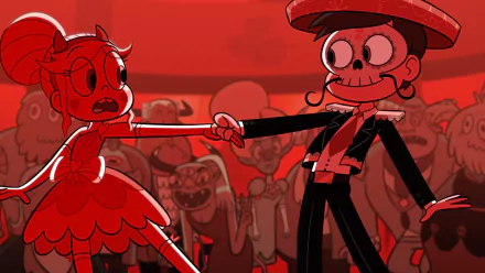 HD desktop wallpaper featuring Marco Diaz and Star Butterfly from the TV show Star vs. the Forces of Evil, dancing in a vibrant red-toned scene.