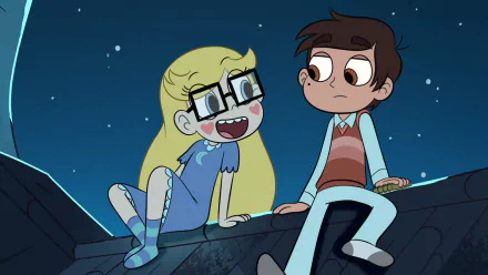 HD desktop wallpaper featuring Marco Diaz and Star Butterfly from the TV show Star vs. the Forces of Evil sitting together under a starry night sky.
