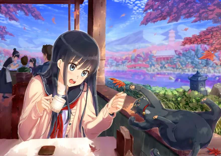 Anime-style HD wallpaper of a black-haired schoolgirl in uniform with blue eyes reaching out to an anime cat, surrounded by vibrant flowers against a scenic backdrop.