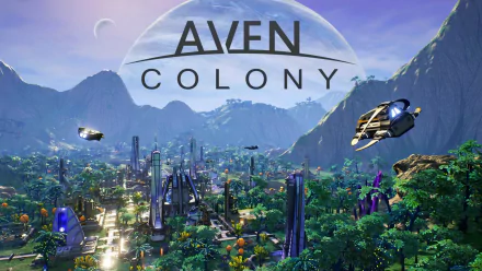 HD desktop wallpaper featuring the sci-fi cityscape and logo of Aven Colony with ships flying overhead.