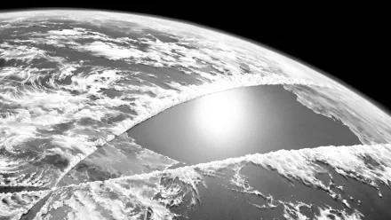 HD desktop wallpaper and background image from the manga and anime One-Punch Man, depicting a dramatic scene of the Earth with a large, circular impact.