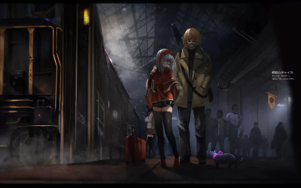 HD anime wallpaper featuring Chaika Bogdan and a bearded man with glasses at a dimly lit train station, with bag, belt, shorts, and thigh highs in a moody atmosphere.