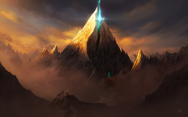 HD desktop wallpaper featuring a Sci-Fi landscape with a prominent mountain emitting a beam of light, set against a dramatic, atmospheric backdrop.