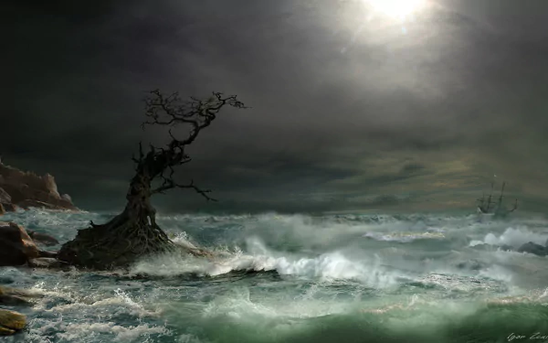 Artistic HD desktop wallpaper featuring a twisted tree on rocky shore, stormy ocean waves, dark clouds, and a distant sailboat battling the turbulent sea.