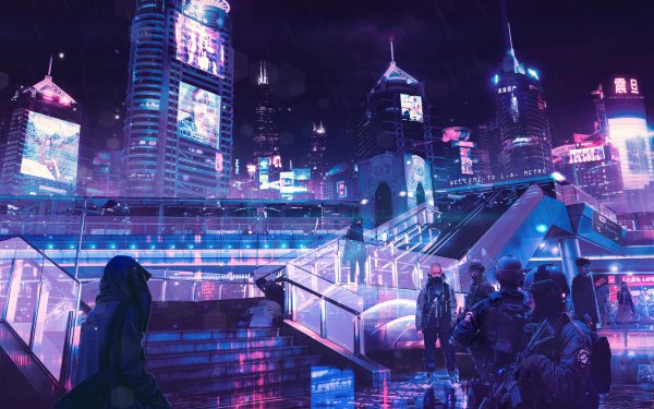 Sci Fi City Building Night People Cyberpunk Cityscape HD Wallpaper | Background Image