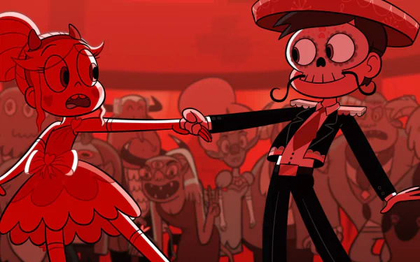 HD desktop wallpaper featuring Marco Diaz and Star Butterfly from the TV show Star vs. the Forces of Evil, dancing in a vibrant red-toned scene.