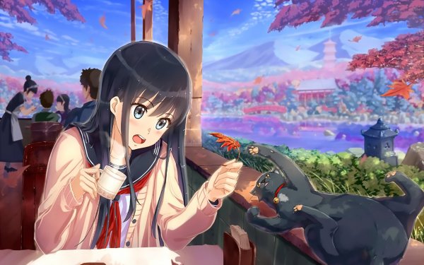 Anime Original Blue Eyes Black Hair Cat Schoolgirl School Uniform Flower HD Wallpaper | Background Image